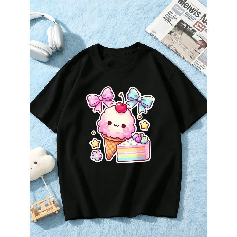 European sizes Girls' T-shirt, Spring/Summer Cute Ice Cream Cake Print Design, Adorable and Fun Surprise Gift