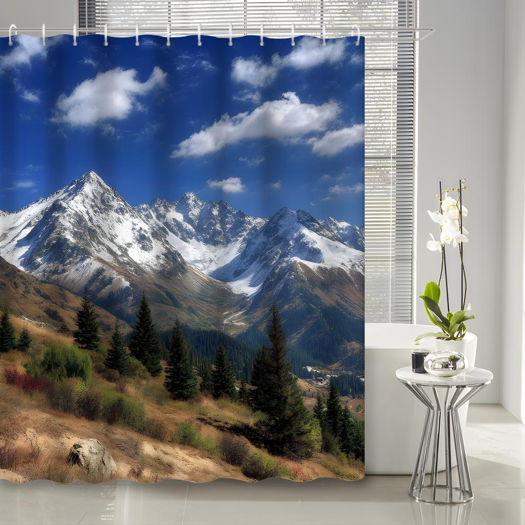 1pc Mountain River Pine Forest Shower Curtain - Durable Polyester Bathroom Decor with Hooks, High Quality Artistic Nature Scene