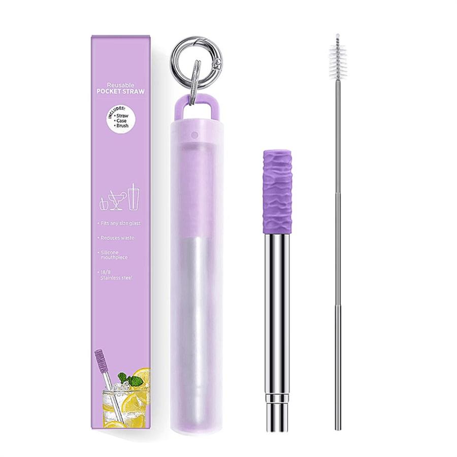 

1/2pcs Metal Straws Reusable Collapsible Stainless Steel Straw Portable Telescopic Straws Drinking Easy To Clean with Silicone Tips, Travel Case Purple