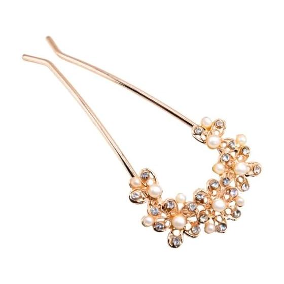 Miaomyao U-Shaped Hairpin, Japanese Style Hair Accessory, Yukata Hair Ornament, Pearl, Antique, Flower, Pink Gold, Jasmine Flower Design, Elegant