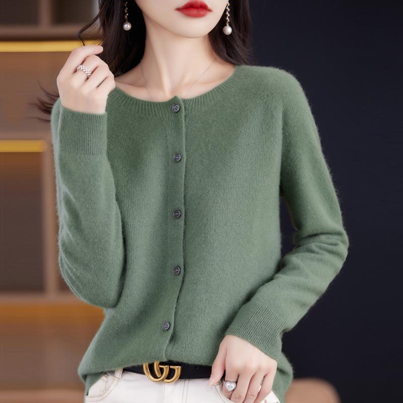 Premium Women's 100% Wool Knitted Cardigan - Slim Fit, Round Neck, Seamless Design for Autumn & Winter