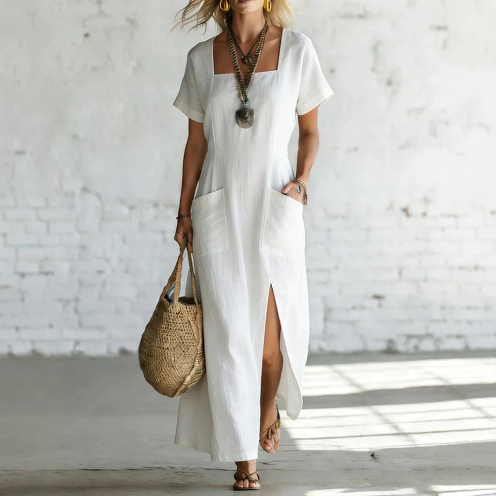 Summer New Style Solid-color Loose V-neck Short-sleeved Dress for Women, Irregular-length Dress