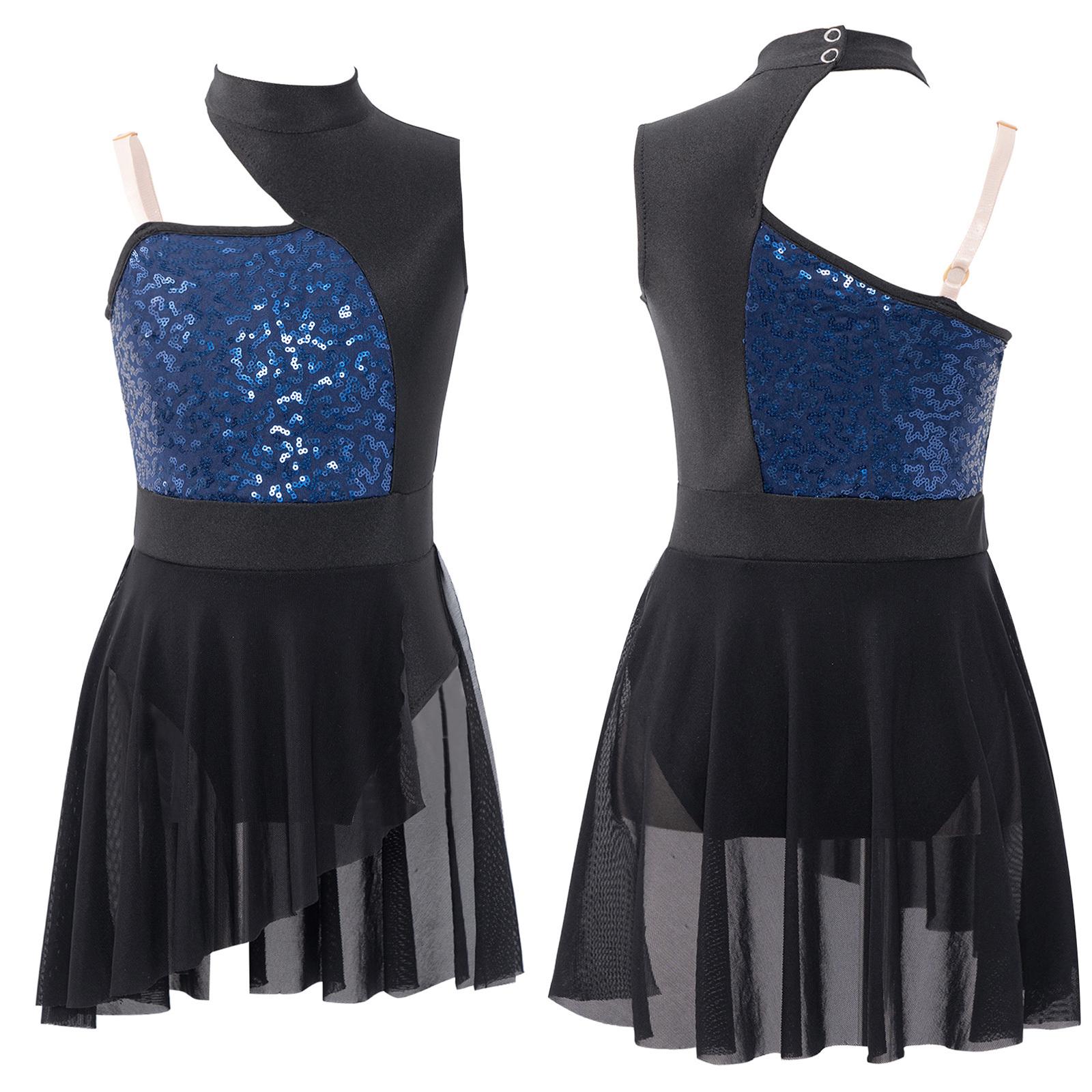 

Дитяча сукня з блискучими паєтками для ліричних танців, гімнастика, без рукавів, трико з відкритими плечима 9-10 Years темно-синього кольору