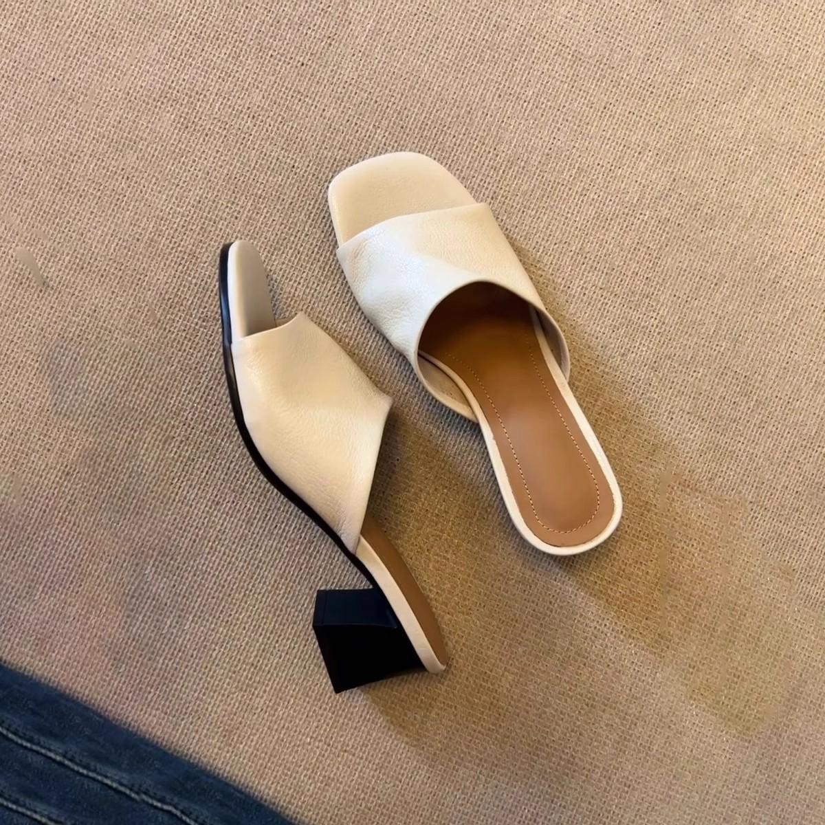 

Sheepskin version~ Summer soft white leather sandals thick high heel with holiday style wear new slippers women 40