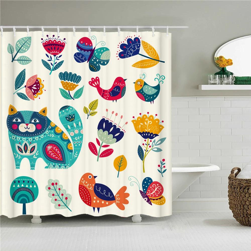 Cute Cat Shower Curtain Lovely Cartoon Funny Colorful Animal Pattern for Pet Kids Girls Fabric Bathroom Decor Curtains with Hook