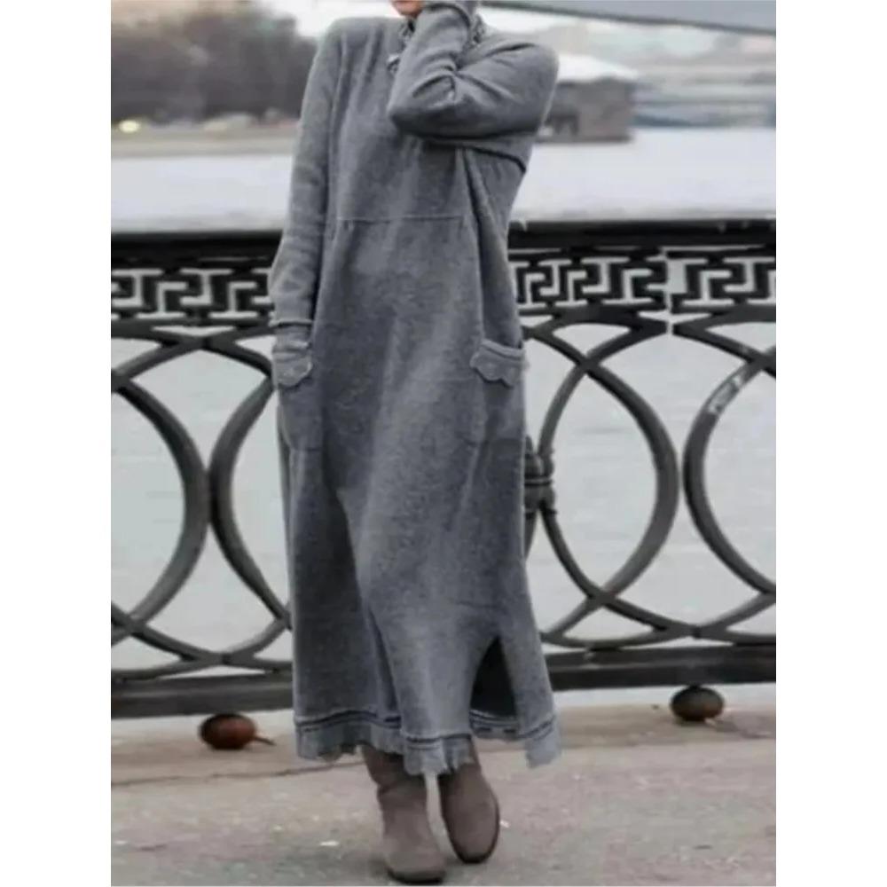 Yeni Sonbahar ve Kış Gevşek Uzun Etek Artı Kadife Sweatshirt Günlük Elbise Kadın Moda Düz O Yaka Uzun Kollu Tatil Elbisesi
