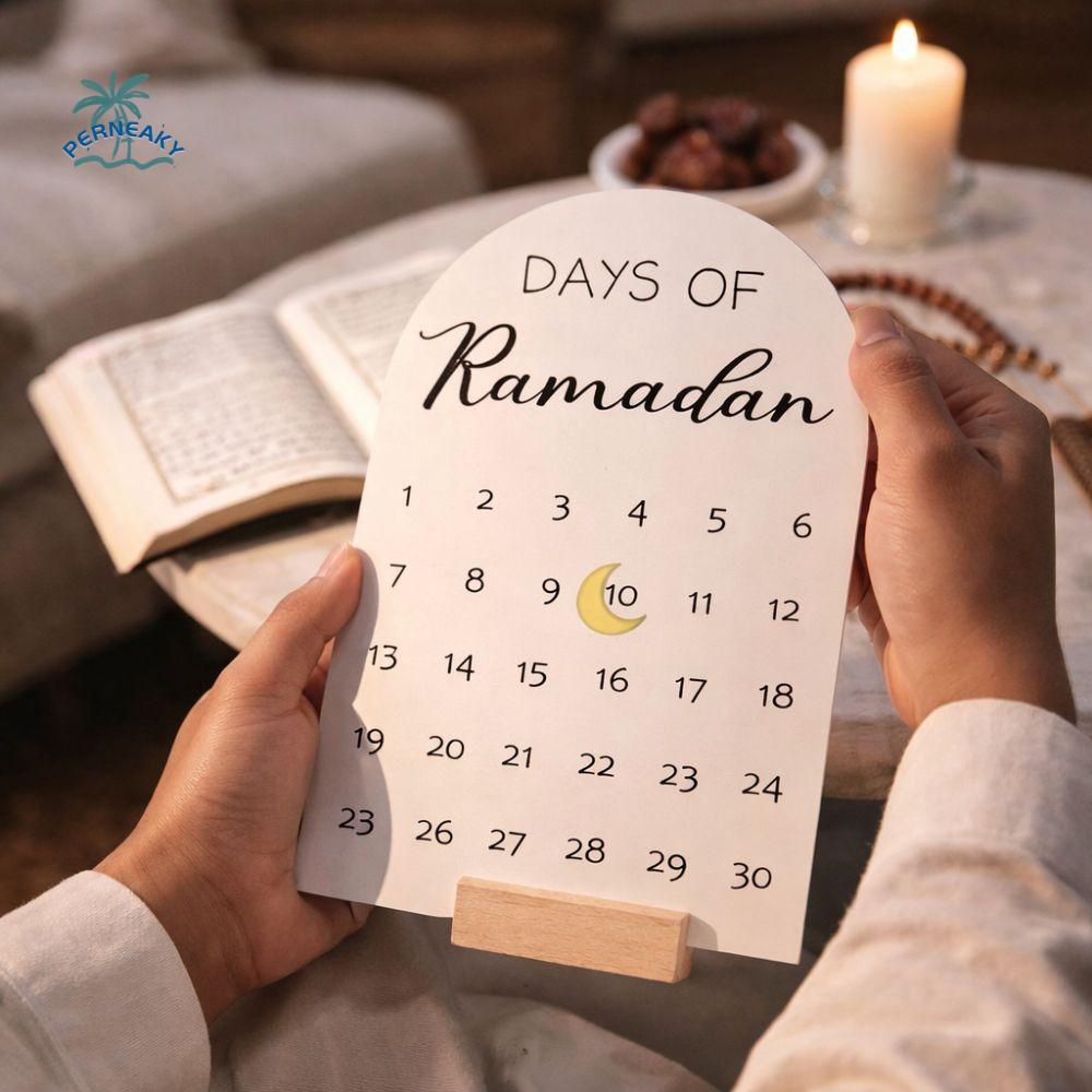 Acrylic Ramadan Advent Calendar White Mirror 30 Days Countdown Calendar DIY Crafts Wooden Base Eid Mubarak Decor