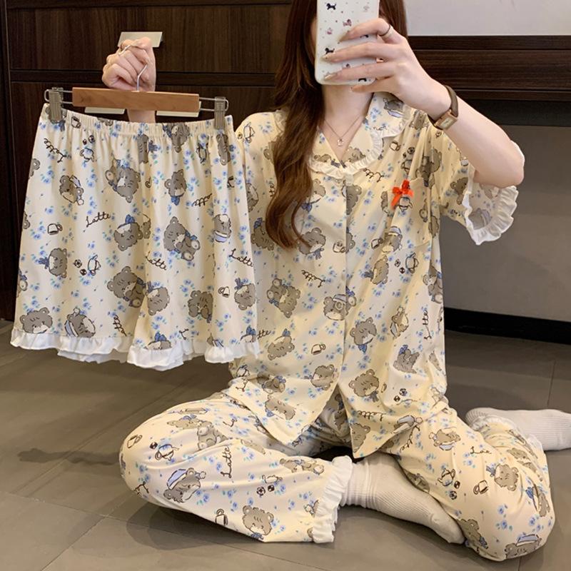 Cartoon soft cute bear short-sleeved women's pajamas summer thin imitation cotton edge three-piece loungewear