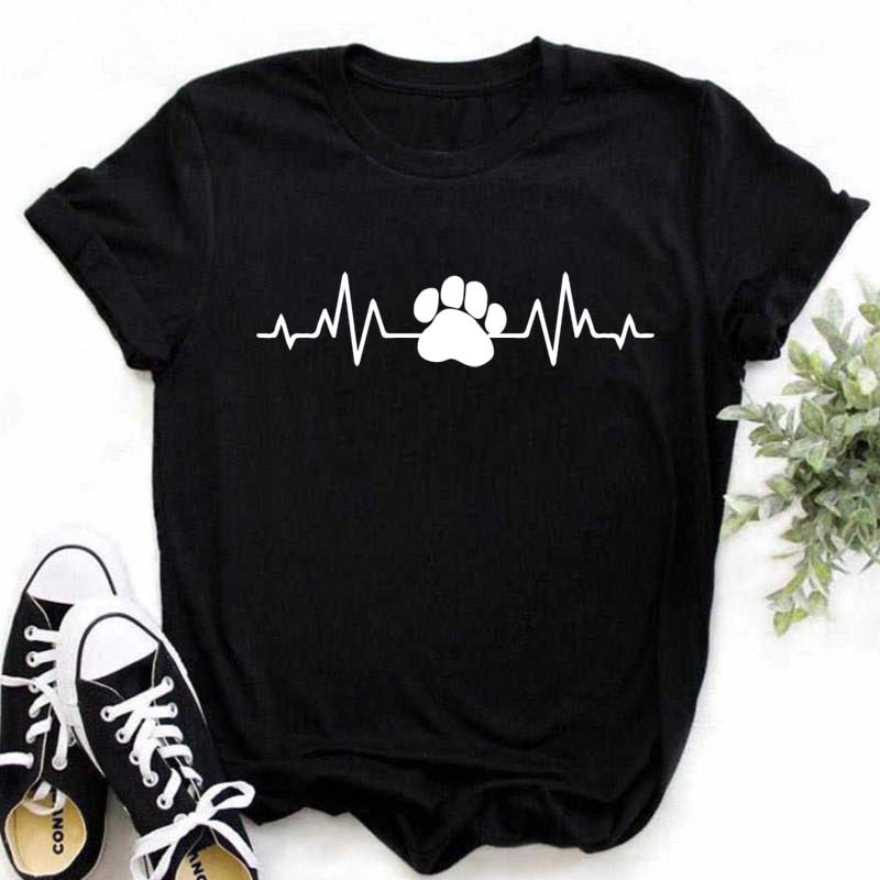 Women Dogs Paws Love Heart Printed T-shirts Fashion Summer Short Sleeve Lady Womens Clothes Tops T-Shirt Black Shirt Tees Female