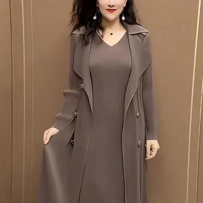 Spring Autumn Two Pieces Elegant Fashion Dress Lady Long Sleeve Temperament Solid Color Vestido Women Vintage Casual Dress