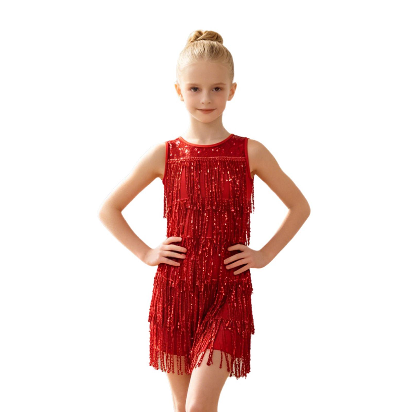 Kids Girls Rhythmic Latin Dance Costume Sparkling Sequin Tassel Round Neck Sleeveless Dress Rumba Salsa Stage Performance Outfit 110 красный