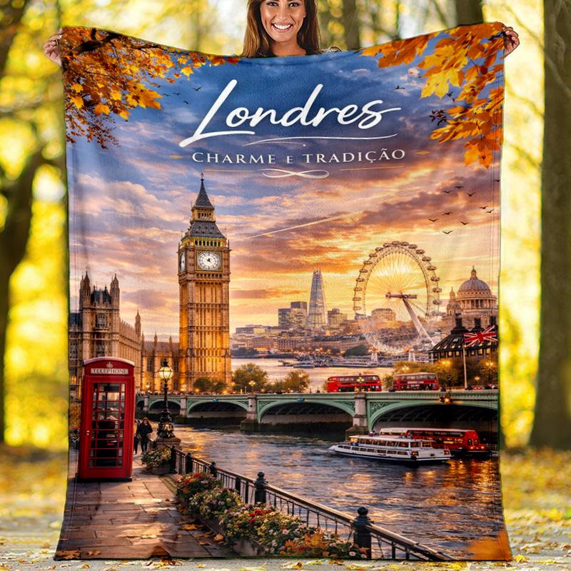 London Cityscape Sunset Scenery Fleece Printed Flannel Blanket, Warm Soft Throw Sofa Bed Blanket