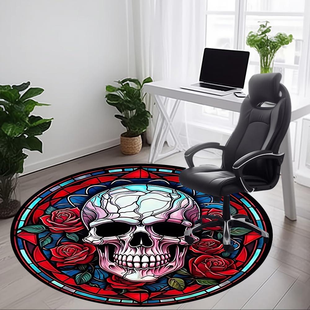 1PC Skull Rose Design Office Round Rug, Non slip, Soft and Durable Office Rug for Interior Decoration, Perfect for Office