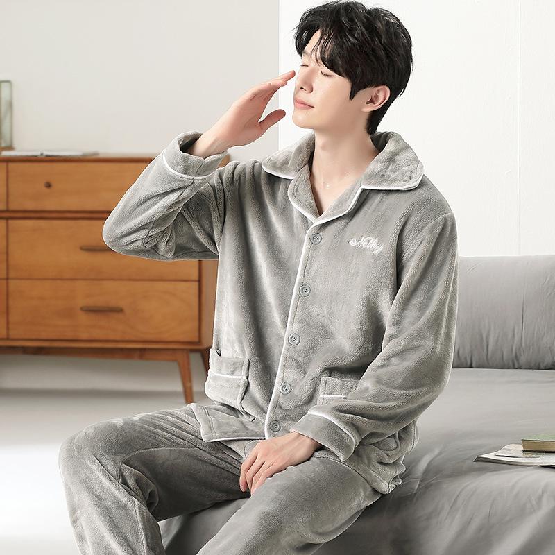 Men's Autumn Winter Flannel Pajamas, Stand Collar, Zipper, Outdoor-Ready Coral Fleece Homewear