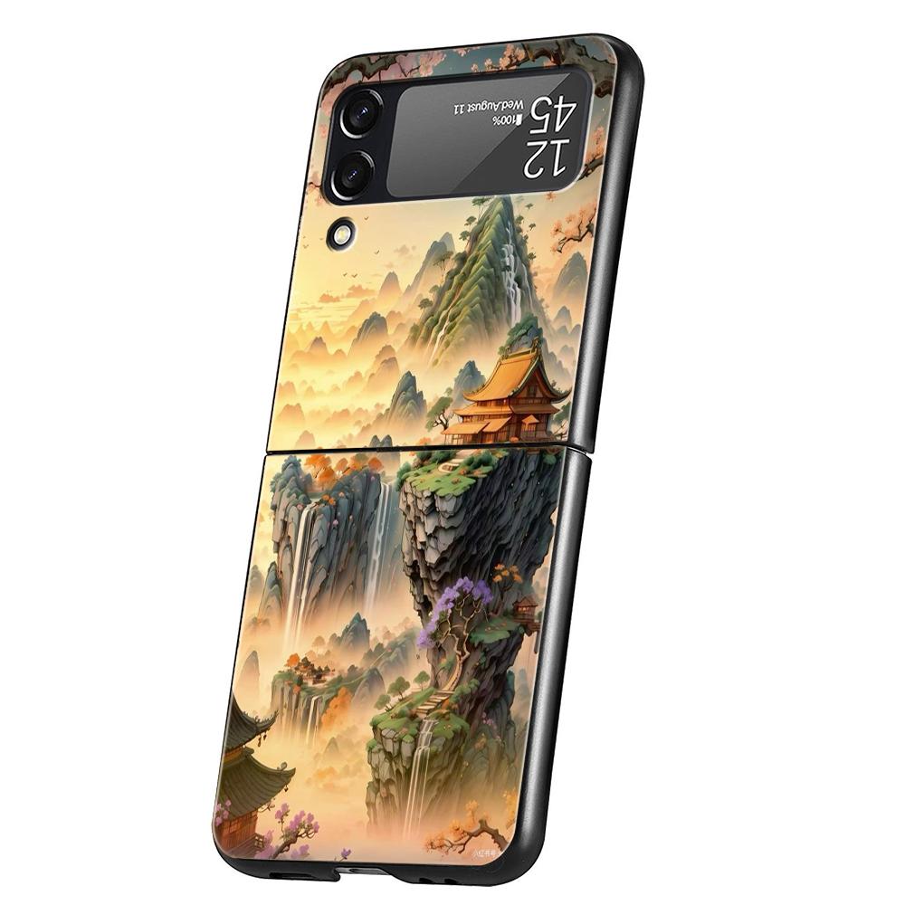 Chinese Style Landscape Hard PC Phone Case For Samsung Galaxy Z Flip 7 6 5 4 Black Cover For Galaxy Z Flip 3 Foldable Capas Bags