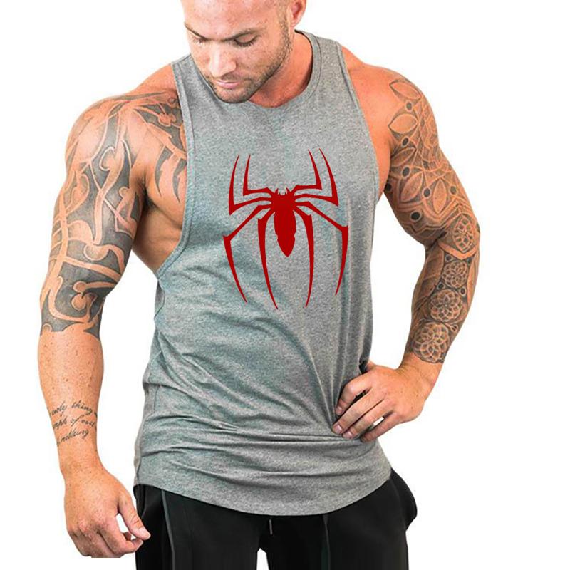 Muscleguys Red Spider Printed Running Vests Mens Gym Tank Tops Cotton Breathable Fitness Sleeveless T-Shirt Bodybuilding Training Clothing