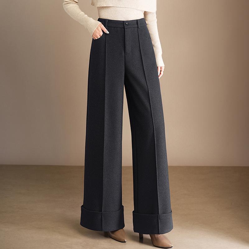 

High-Waisted Woolen Wide-Leg Pants - Long, Thick, Drapey, and Slimming for 2025 Casual Versatility 2XL черный серый
