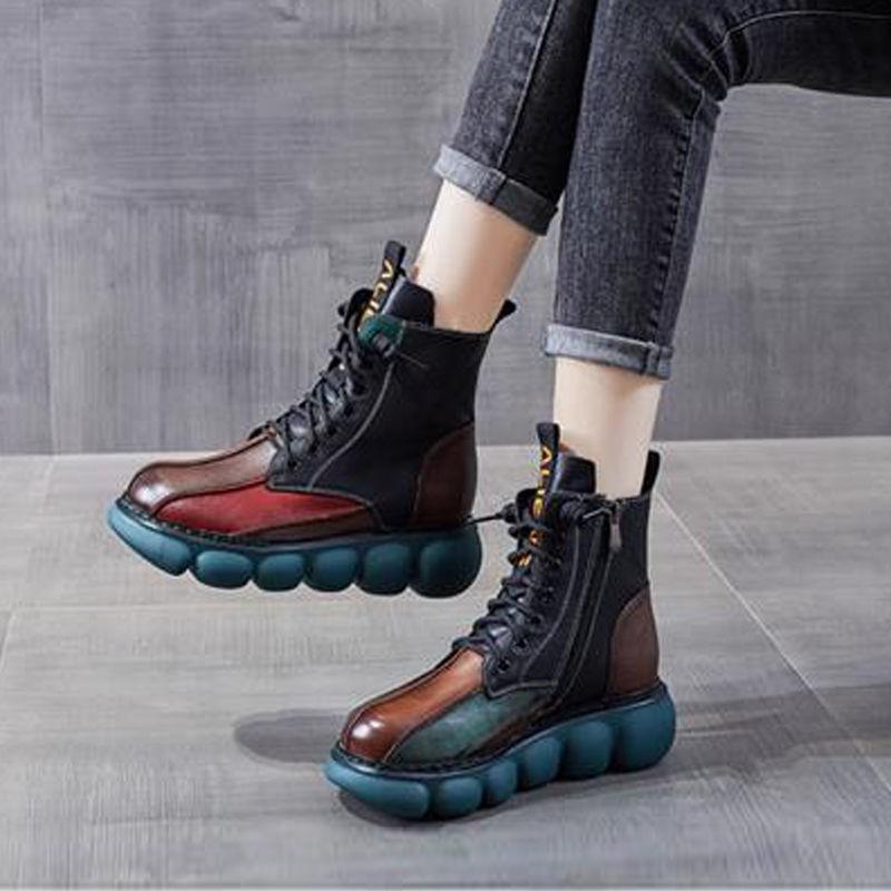Echtes Leder Mehrfarbige Schuhe Damen Stiefel 2022 Neueste Herbst Winter Runde Spitze Reißverschluss Retro Handgemacht Freizeit Knöchelhohe Stiefel