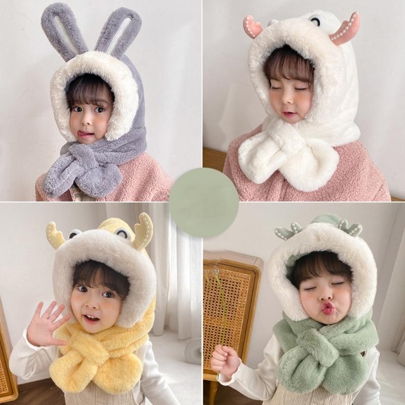 Kids Winter Hat Warm Plush Scarf Hats Thick Earflap Hooded Caps with Rabbit Ears Decoration for Boys Girls Ages 3-8