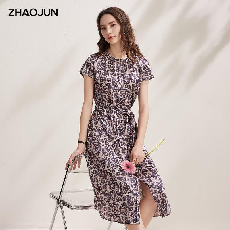 Zhaojun Women's Mulberry Silk Floral Short-Sleeve Slit Satin Dress