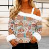 Women's Off-the-shoulder Plush Neck Printed Long-sleeved Pullover T-shirt Top