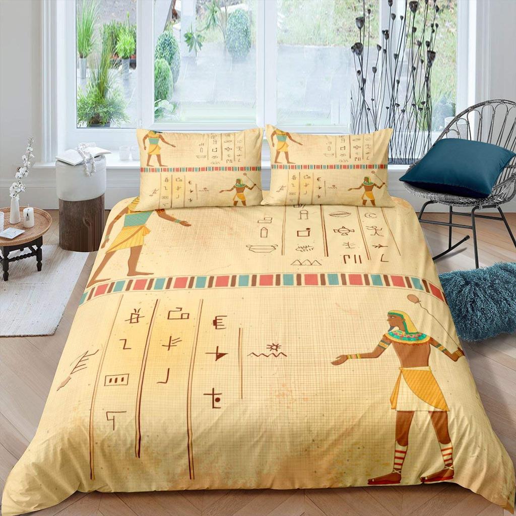 Ancient Egypt King Queen Duvet Cover Egyptian Symbol Bedding Set Pharaoh Pyramid Boho Comforter Cover Soft Polyester Quilt Cover