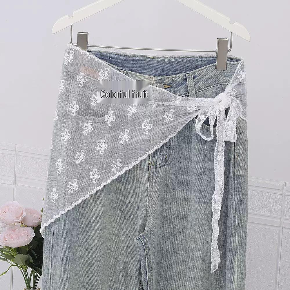 Korean Lace Embroidered Waistband Tulle Skirt with Layered Scarf Accessory