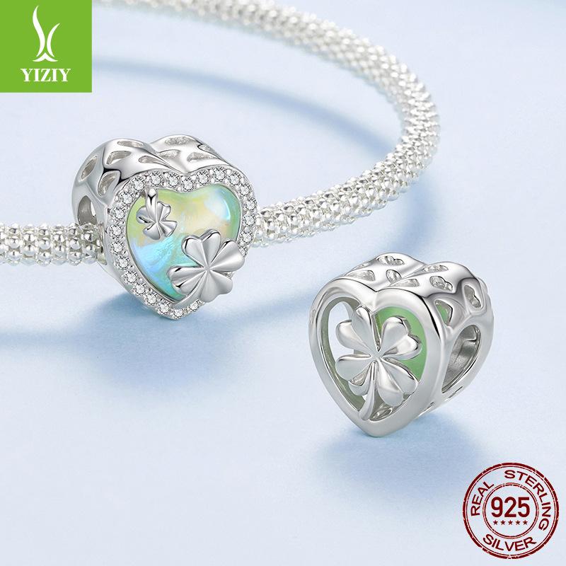 Love Four-Leaf Clover S925 Silver Beads Loose Beads, Small Fresh Heart-Shaped Diy Beaded Jewelry Accessories