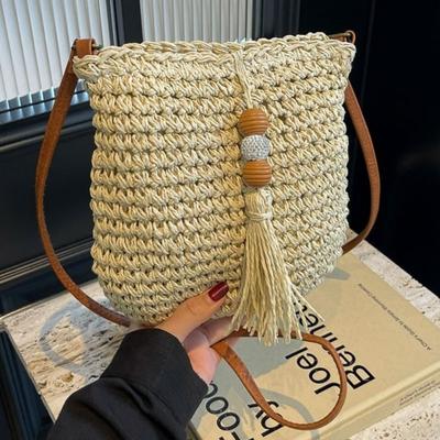Bohoová taška s vrkočom a strapcami Dámska letná plážová slamenná taška Ležérna Všestranná Crossbody taška