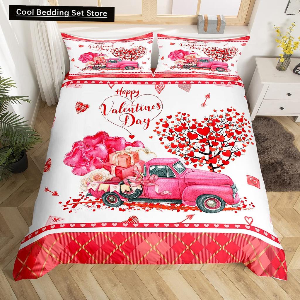 Valentinstag King Bettbezug Romantisches Bettwäsche-Set Kawaii Paar Wichtel Bettdeckenbezug Rosa Rosen Herzen Polyester Steppdeckenbezug