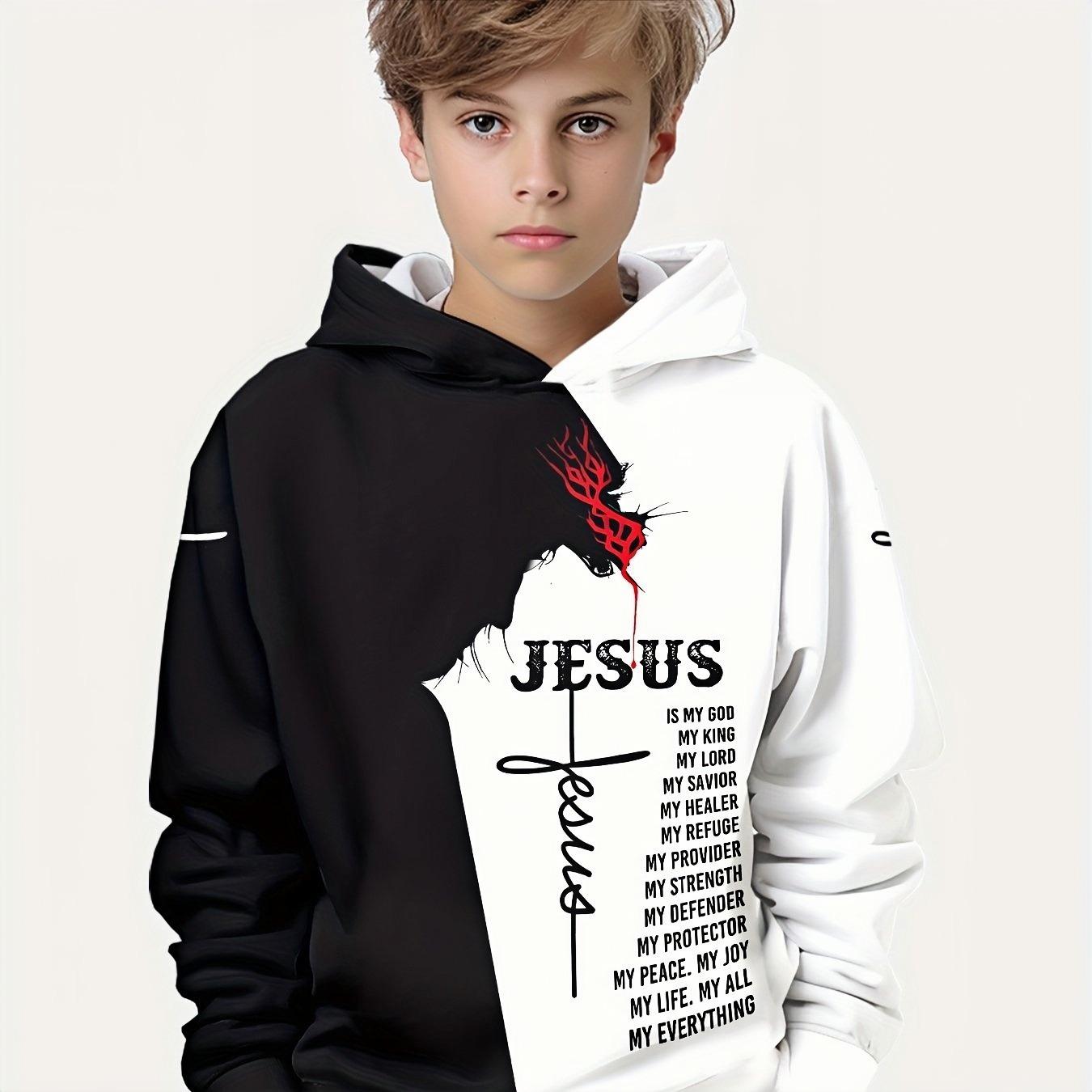 

Children s Novelty Jesus Letter Cross Pattern Hoodie Casual 3D Printed Micro Elastic Hoodie Children s Outdoor Clothing 5-6Y