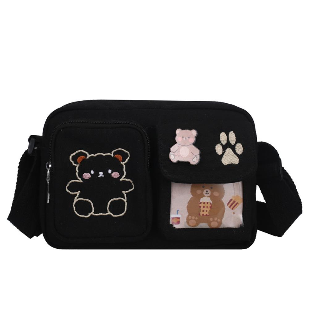 Embroidery Bear Canvas Shoulder Bag Solid Color Shoulder Bag Cute Transparent Itabag  Gift