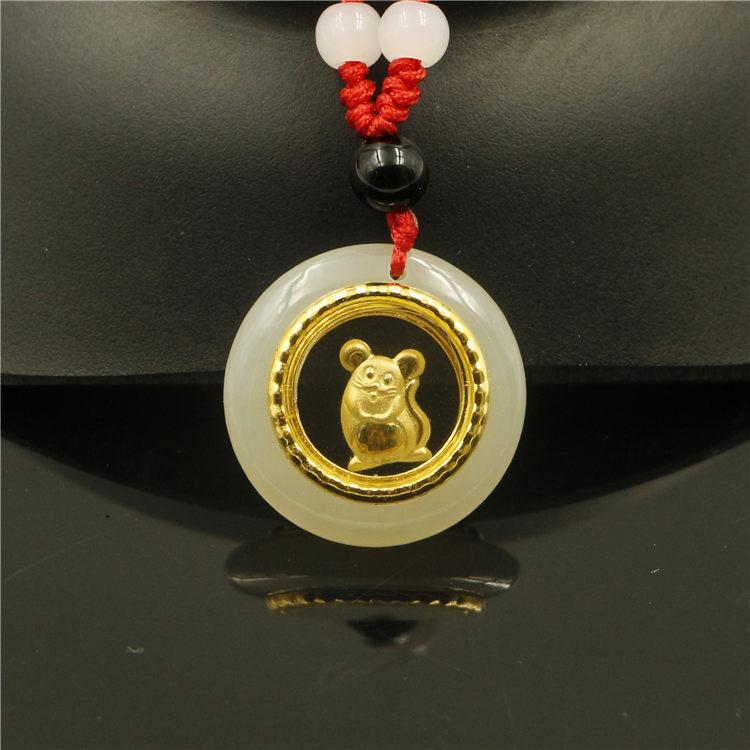 Gold Inlaid Hetian Jade Rat Pendant & Monkey King Gold Necklace, Unisex