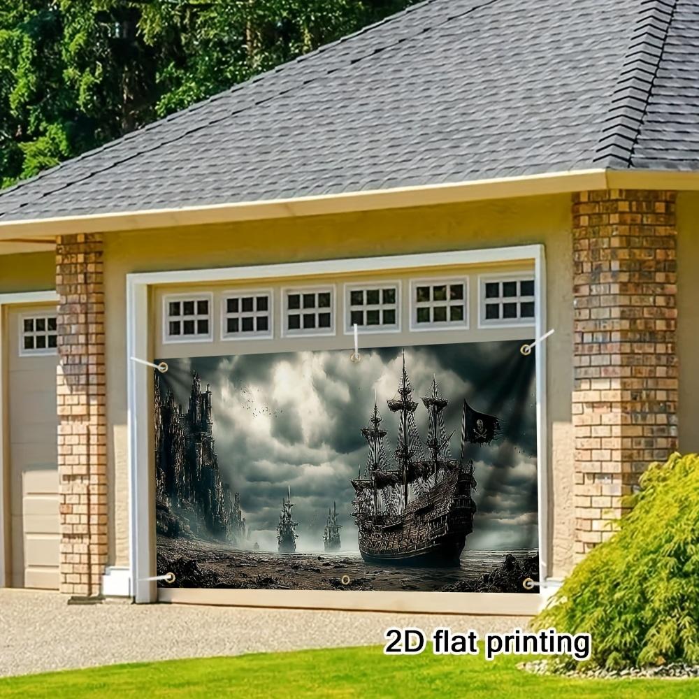 2D flat plate, 2D door curtain, 1 pirate ship garage sign - 2D flat printing of an abandoned pirate ship pattern