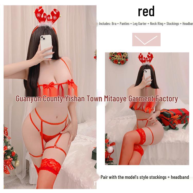Reindeer Game Holiday Lingerie Set: Underwire Bra with Bow, Skirt, and Headpiece