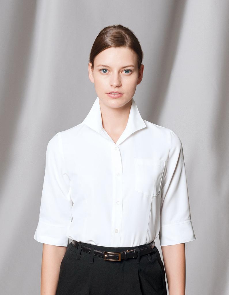 Albe Sleeve Waffle Blouse with Open Sizes Suitable for Food and Beverage and Office BL6816 Japanese Size 11 to Japanese Size Women's 3/4 Collar, 7-19,
