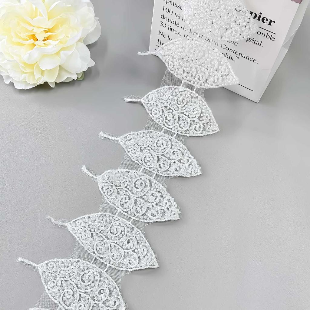 White Handmade Beaded Mesh Embroidery Leaf Barcode Clothing Evening Dress Wedding Dress Decoration Lace Accessories