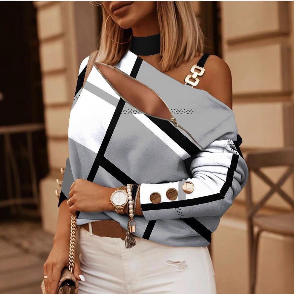 2023 Autumn/Winter Long Sleeve Chain Halter Printed Top with Button Details for Women