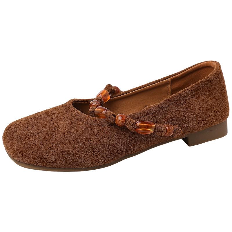 Beaded flat bottom shallow mouth single shoes women's 2025 new autumn gentle matching skirt national style Mary Jane shoes Doudou shoes