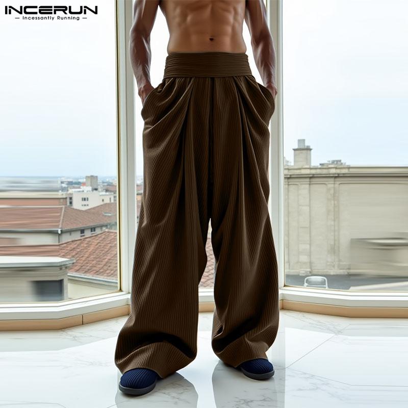 INCERUN Men Zipper High Waist Long Corduroy Casual Wide Leg Pants With Pockets