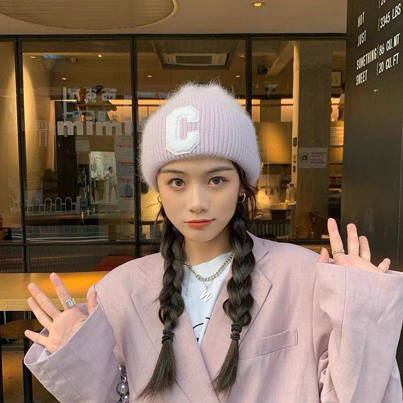 Knit Beanie Hat Angora Rabbit Hair Double Fold Letter C Rhinestone Winter Warm Soft Conical Skullcap Women