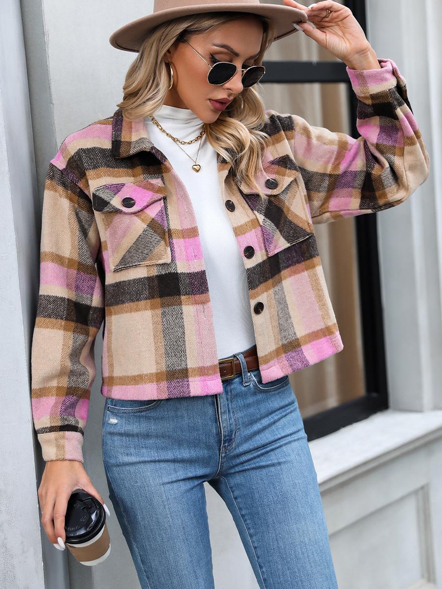 Модная повседневная женская шерстяная короткая куртка в клетку с карманами XXL зелёный — фото 10