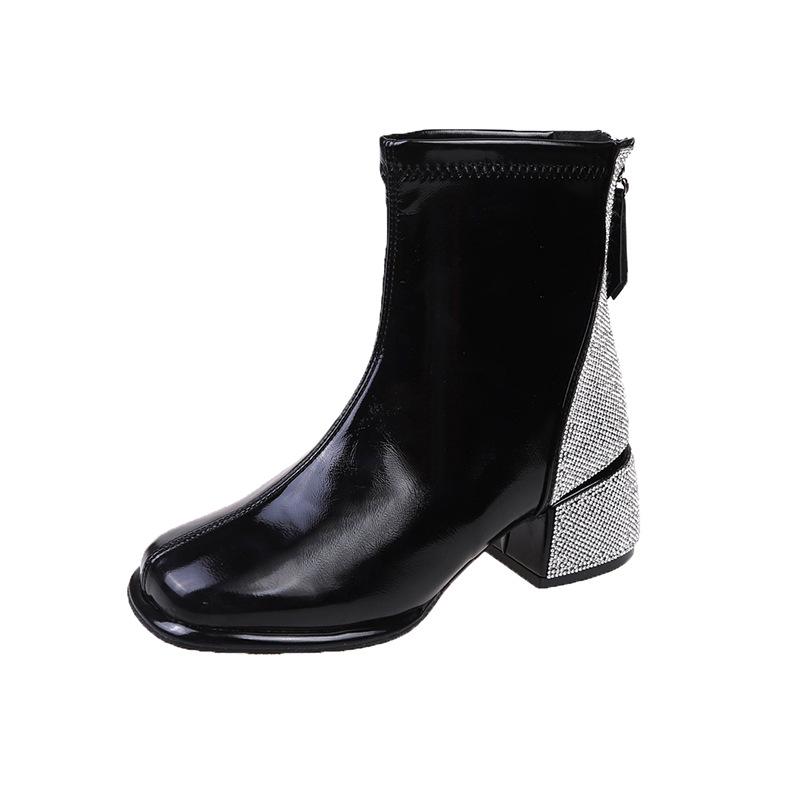 

French rhinestone square head fashion short boots children 2025 new niche mid-heel thin Chelsea boots fashion boots 39 чорний