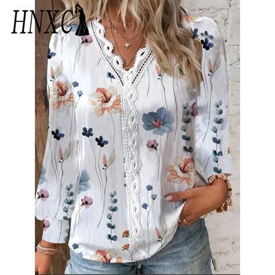 Women's Fashion Casual Autumn Winter Floral Print Long Sleeve V-Neck Blouses & Shirts