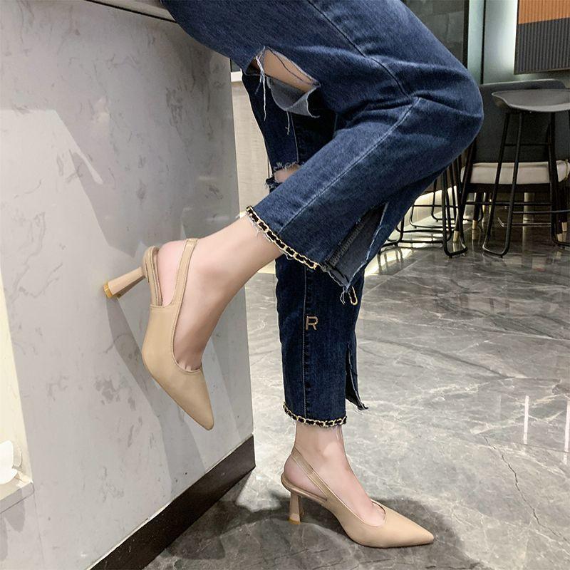 One-word Buckle Sandals Women's Fashion Women's Single Shoes 2025 Summer New French Pointed Head Bag Head Empty Women's High Heels