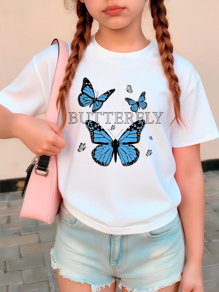 Girls Blue Butterfly Fashion Design T Shirts Kids Childrens Tshirt Boys Girls Summer Spring Casual Top Tee
