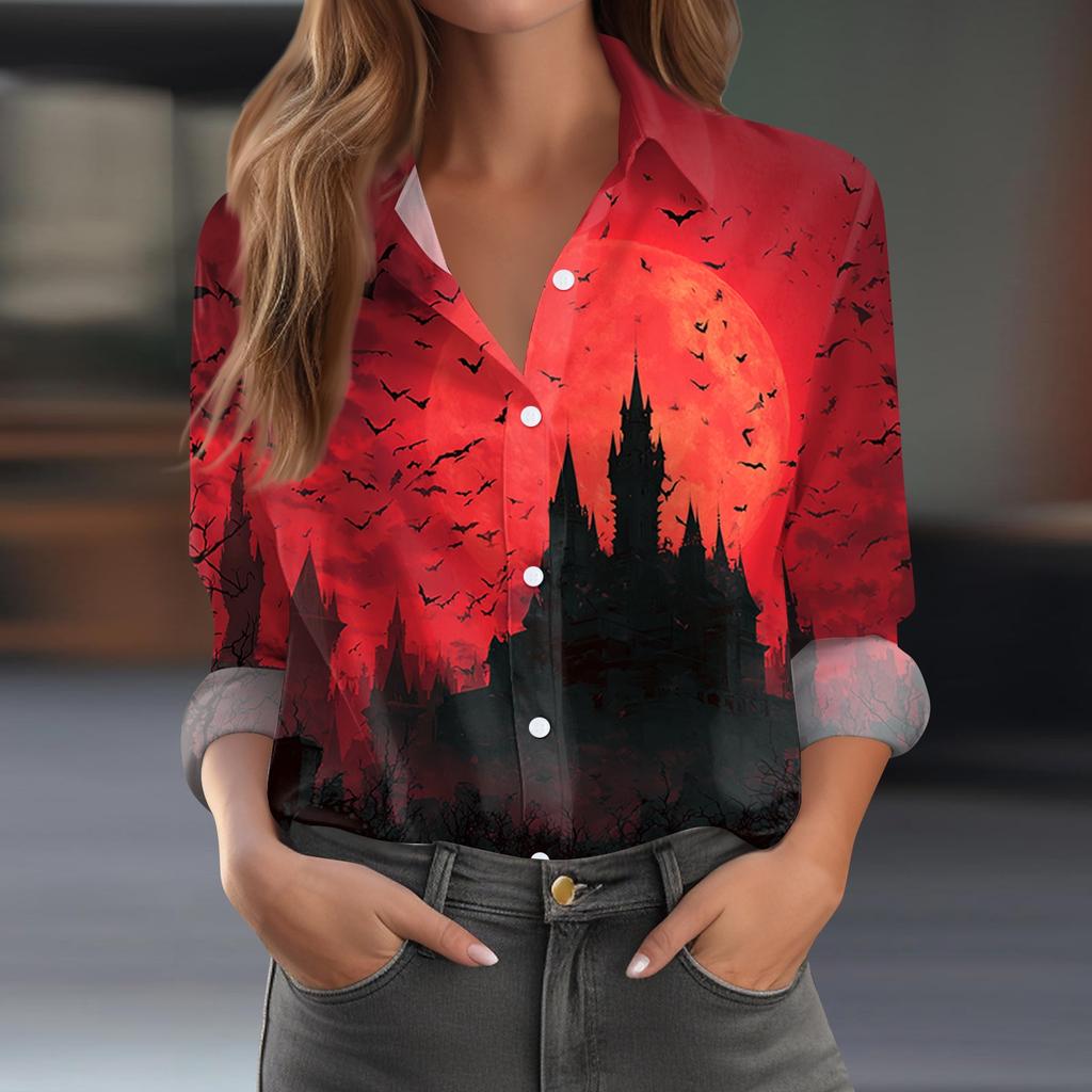 Women's Casual Long Sleeve Half Button Down Shirt with Halloween Print for Fall