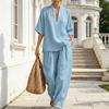 Completi Estivi da Relax a 2 Pezzi per Donna con Scollo a V, Manica Corta e Pantaloni a Gamba Larga, Set Casual per Viaggi e Vacanze