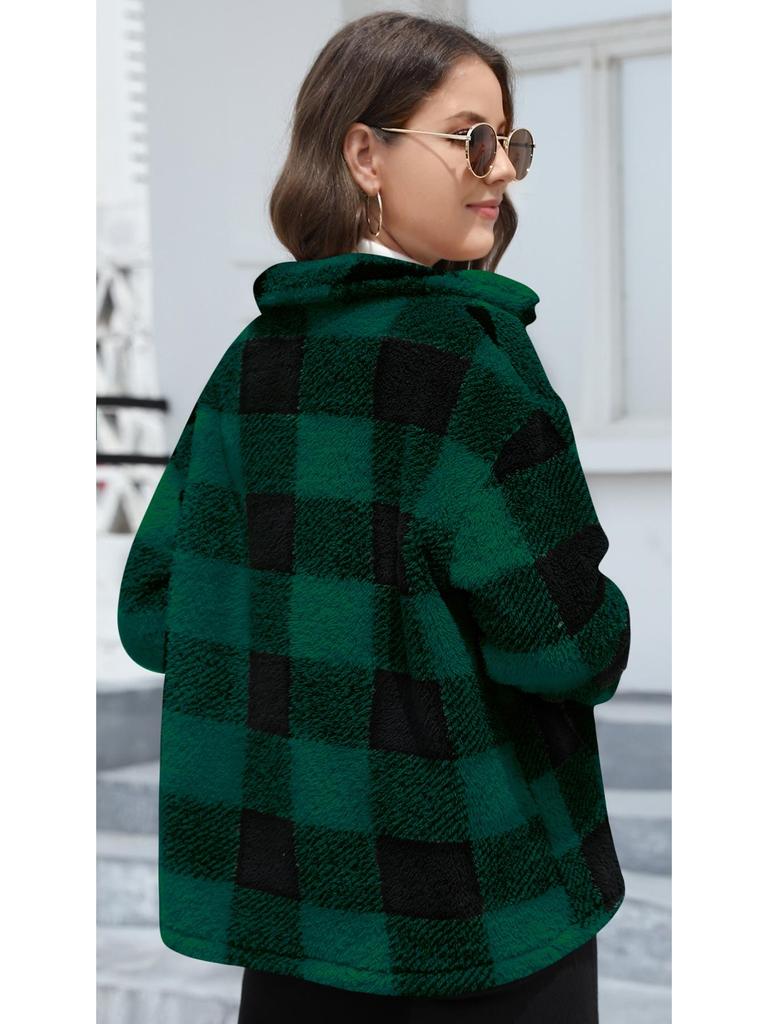 Plaid Plush Long-Sleeve Coat with Patch Pockets - European & American Winter Fashion