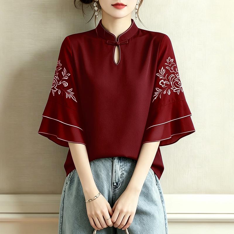ZANZEA Women Casual Stand Collar Retro Embroidery Splice Half Sleeve Blouse